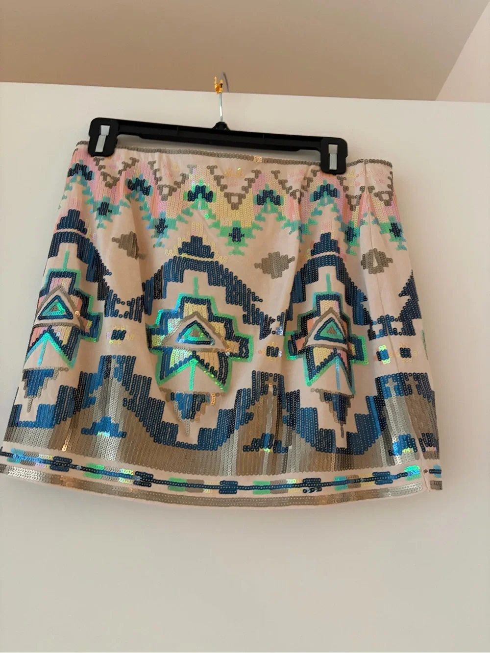 Express Beige Mini Skirt with Navy, Teal & Green Sequin Geometric Pattern